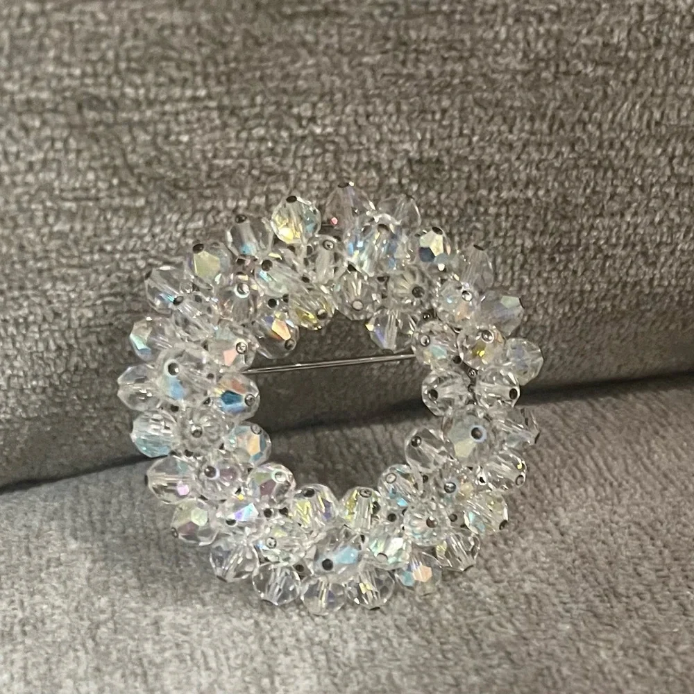 Vintage Clear Round Aura Borealis Crystal Silver Brooch